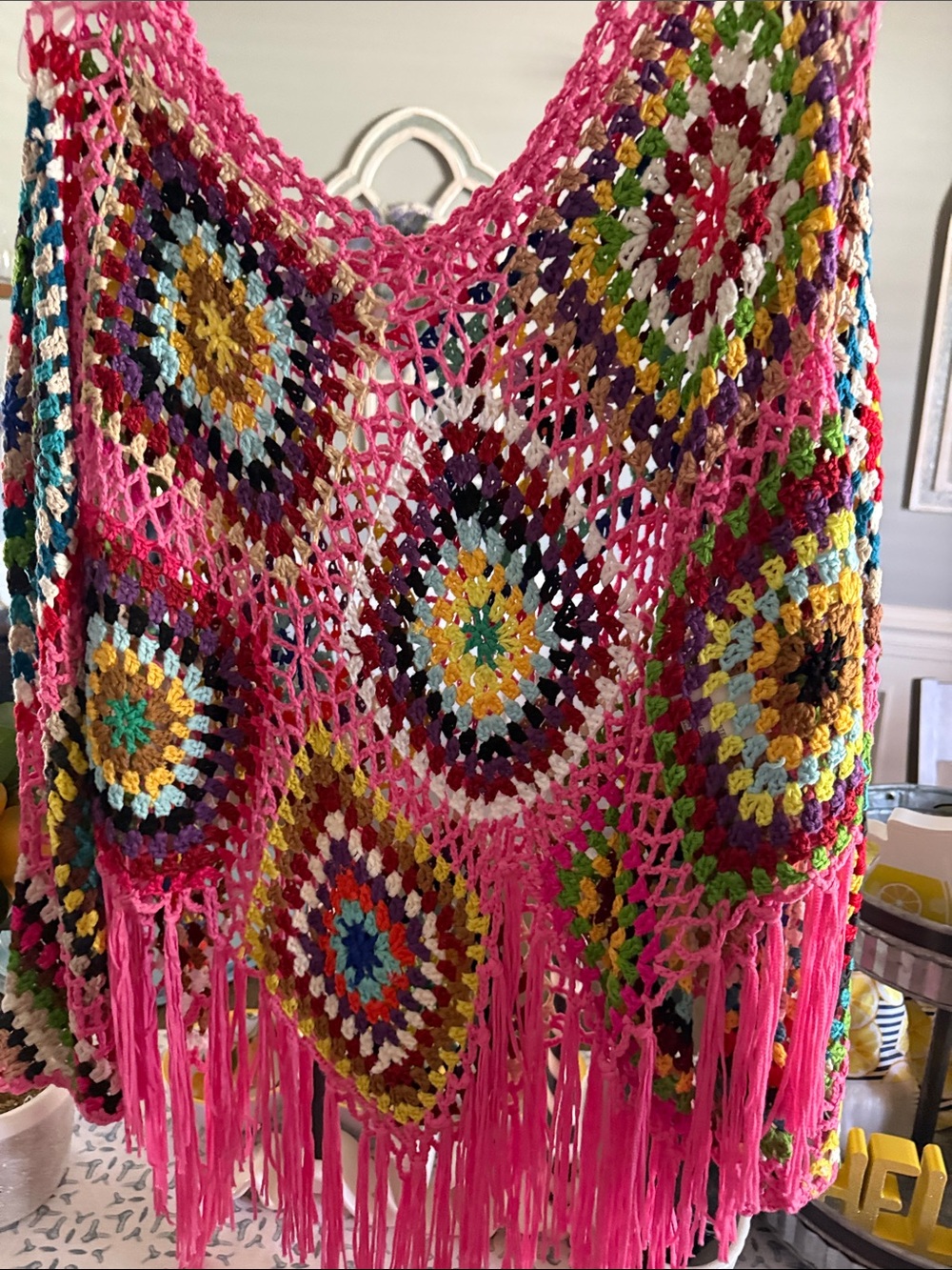 Bright Pink Crochet Fringe Women's cover up